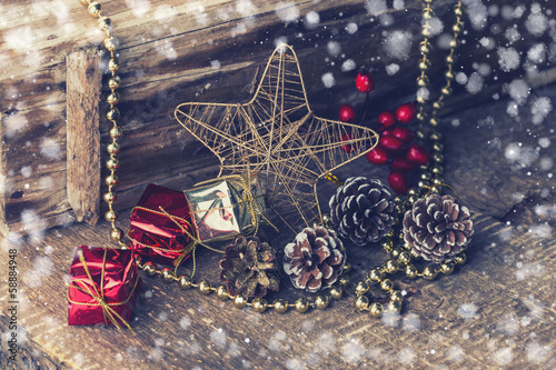Decorative christmas composition on wooden background. Postcard.