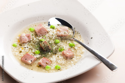 smoked meat bouillon with pearl barley and peas