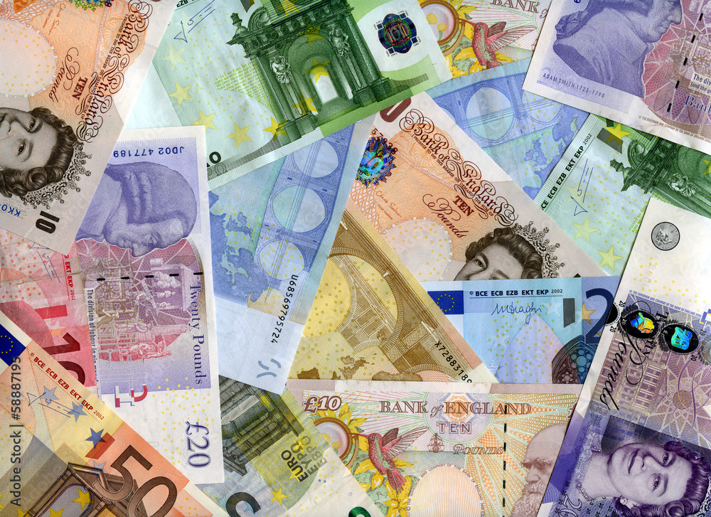 Euro and United Kingdom banknotes (pound) background Euro and United Kingdom banknotes (pound) background