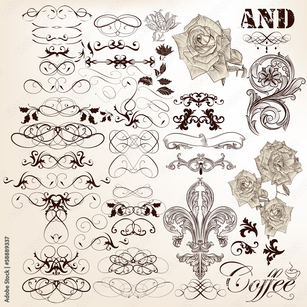 Collection of vector vintage calligraphic elements and page deco Stock ...