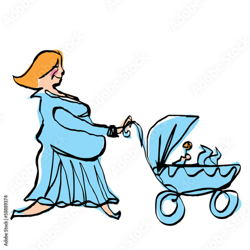 Happy pregnant mother in cyan dress pushing baby boy stroller
