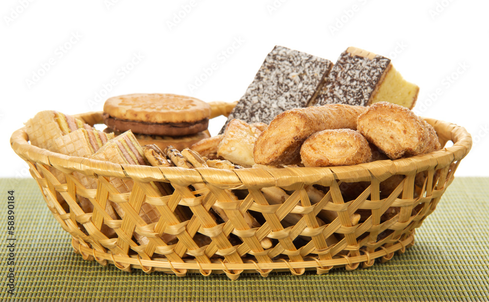 Cookies in a wattled basket on the bamboo cloth Cookies in a wattled basket on the bamboo cloth