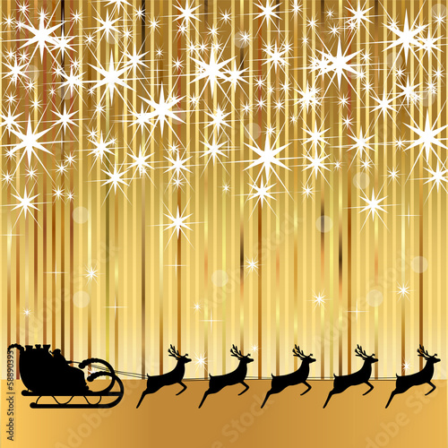 Santa Claus rides in a sleigh with reindeer on a gold background