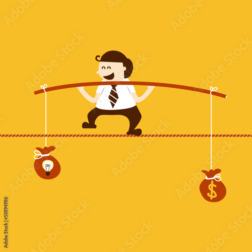 Business man balancing on the rope with idea and money