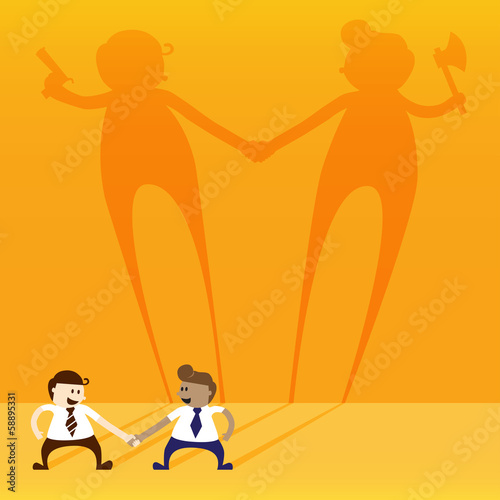 Two business man shake hand with negative thinking