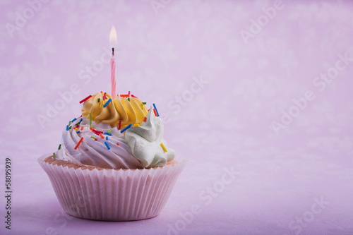 birthday cupcake with candle  on the pink