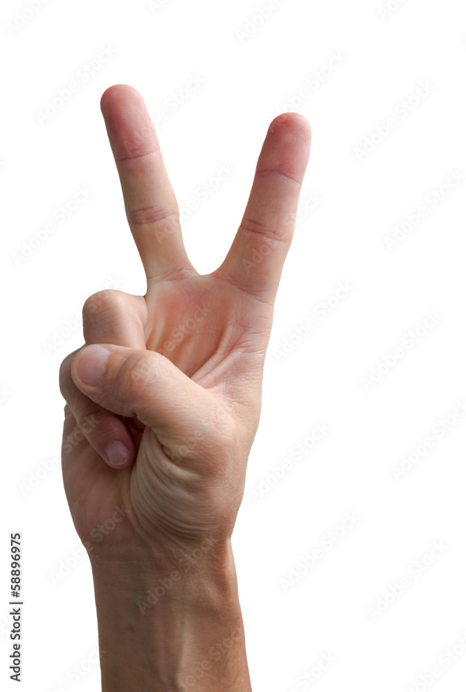 Hand showing the sign of victory and peace closeup isolated on w Hand showing the sign of victory and peace closeup isolated on w