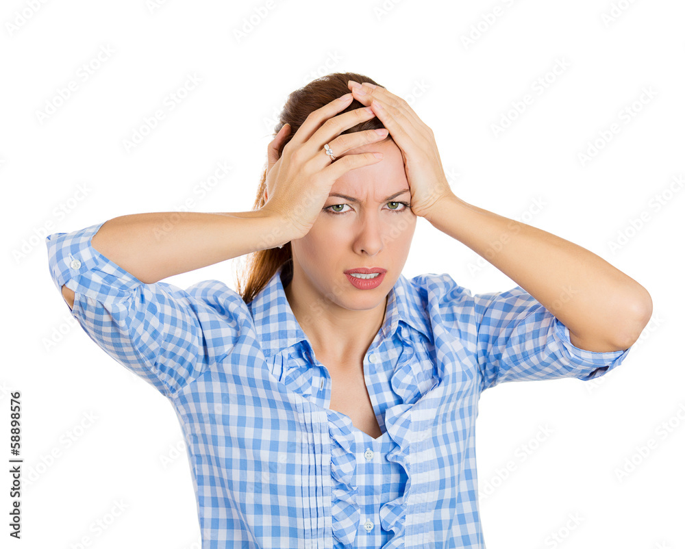 Woman having migraine, headache, stressed out Woman having migraine, headache, stressed out