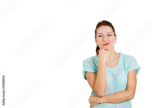 Obraz na plátně Skeptical woman, smirk employee