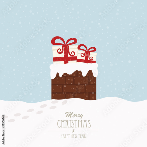 christmas gift in chimney winter background