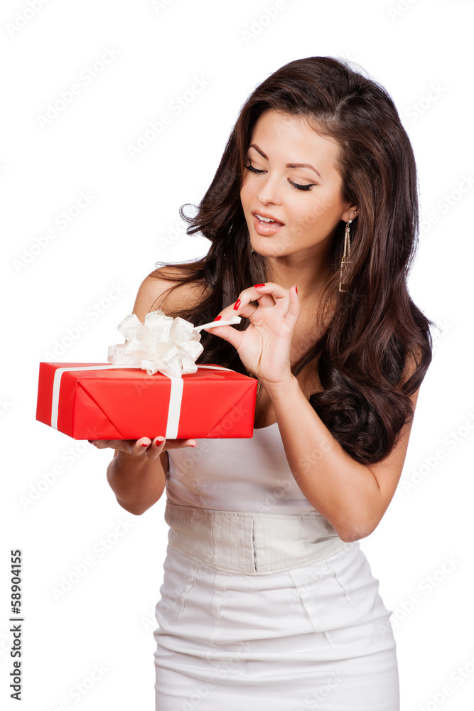 Fashion isolated woman portrait hold christmas gift. Fashion isolated woman portrait hold christmas gift.