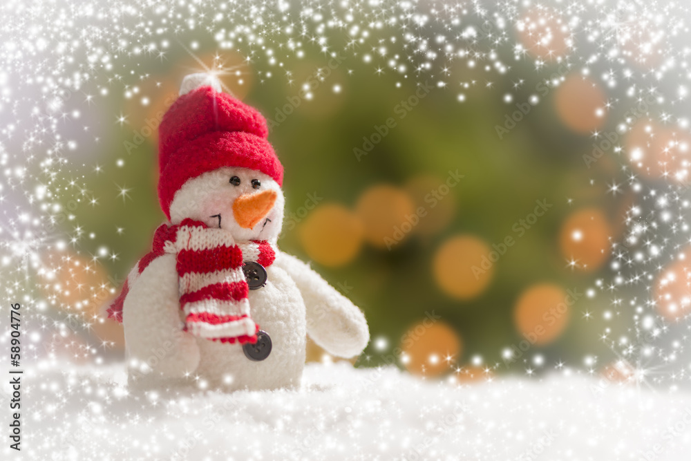 Cute Snowman Over Abstract Snow and Light Background