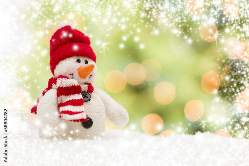 Cute Snowman Over Abstract Snow and Light Background Cute Snowman Over Abstract Snow and Light Background