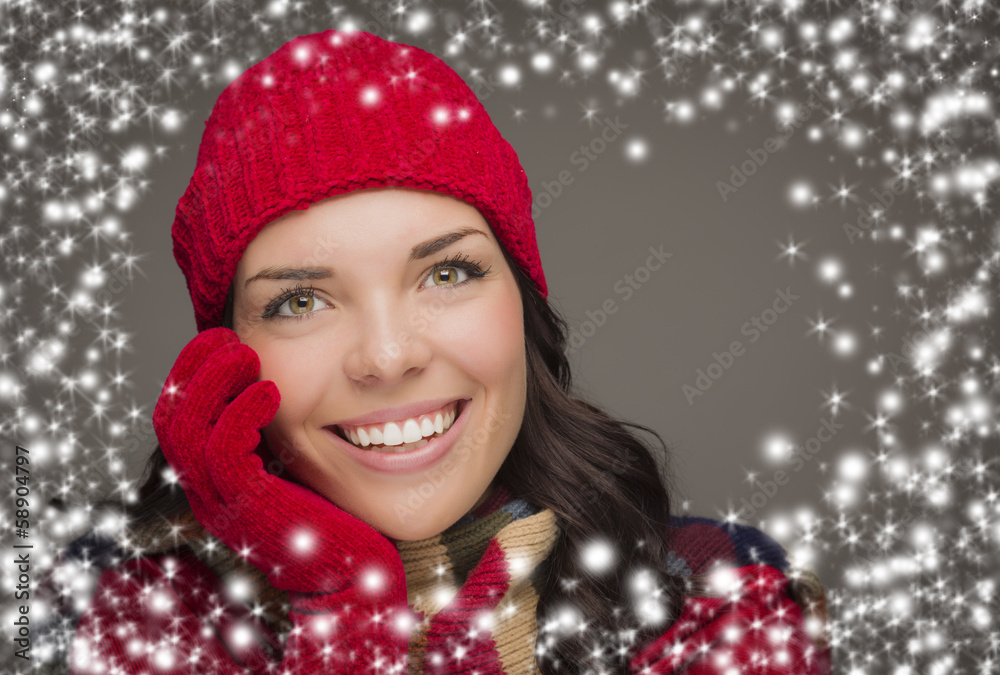 Smilng Woman Wearing Winter Hat and Gloves with Snow Effect Smilng Woman Wearing Winter Hat and Gloves with Snow Effect