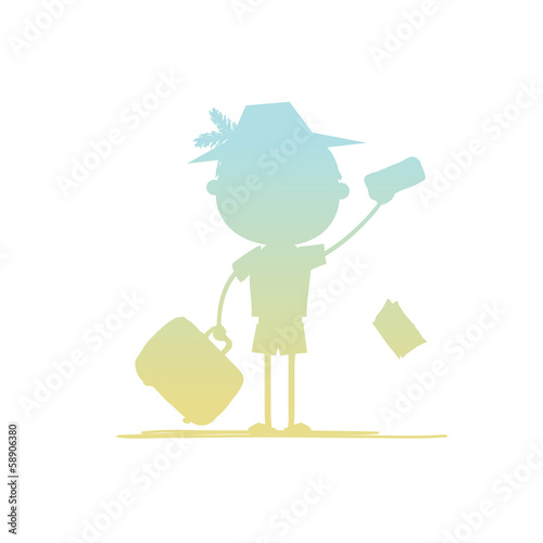 Happy tourist with tickets and suitcase for your design