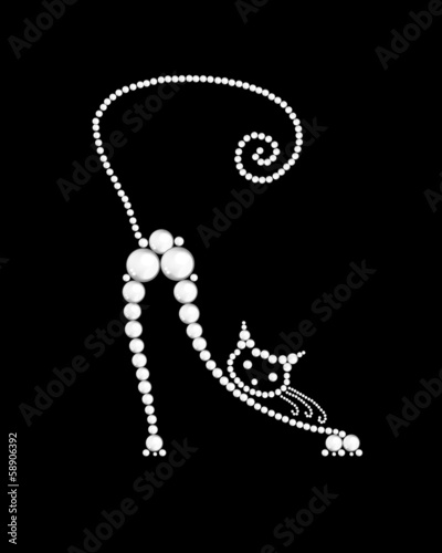 Cat made from white pearls on black