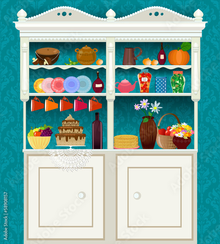 retro vintage sideboard with dishes and food
