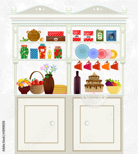 retro vintage sideboard with dishes and food