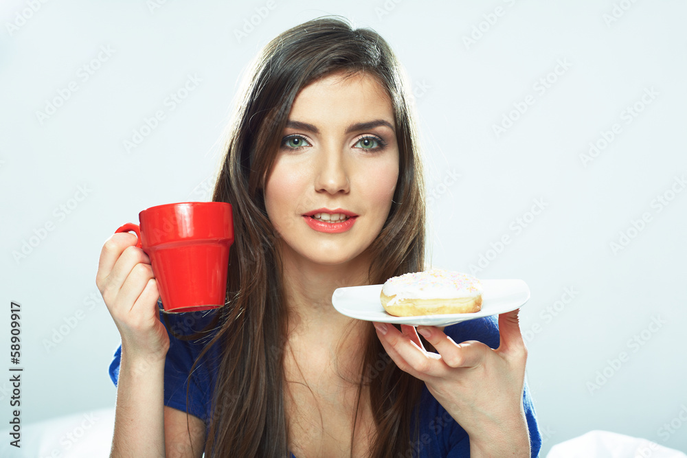 Woman hold coffee cup, white background isolated female model Woman hold coffee cup, white background isolated female model