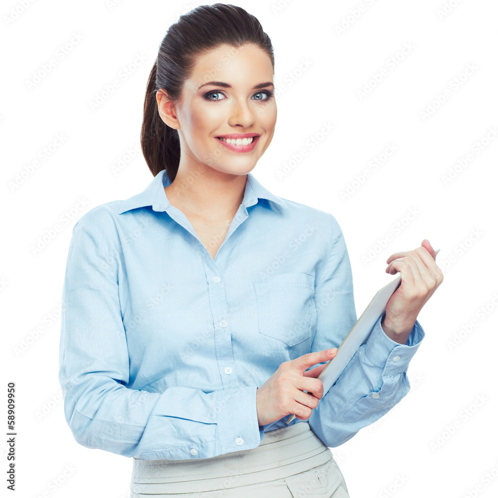 Woman hold white paper banner isolated over white background Woman hold white paper banner isolated over white background