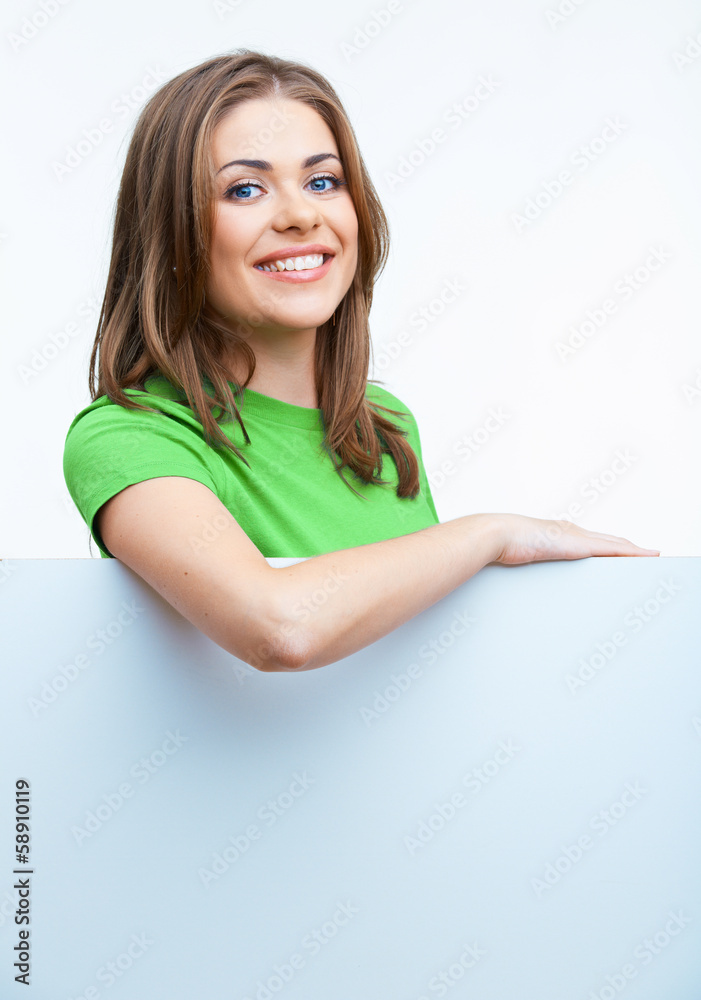 woman holding blanc card woman holding blanc card