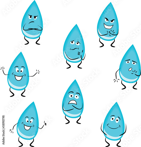 Cartoon water drops with different emotions