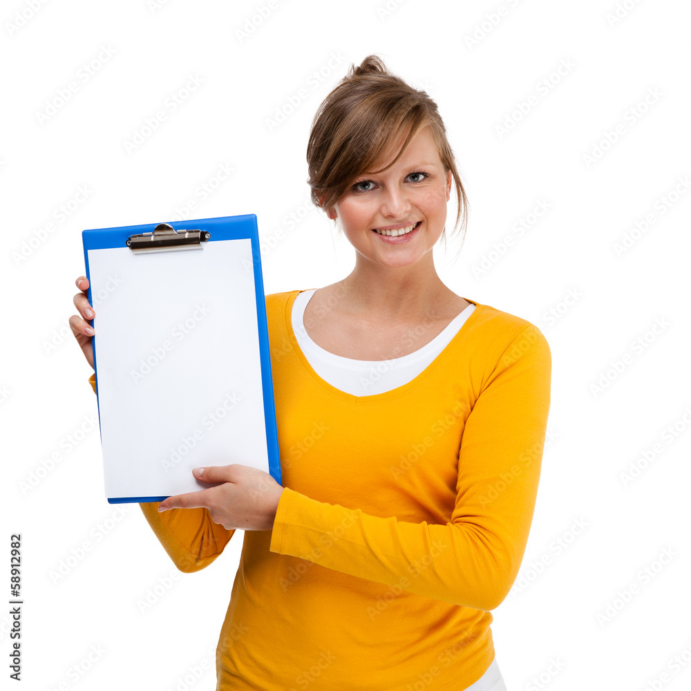 Woman holding notepad isolated on white background Woman holding notepad isolated on white background