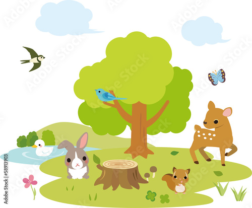 動物たちがいる森の風景