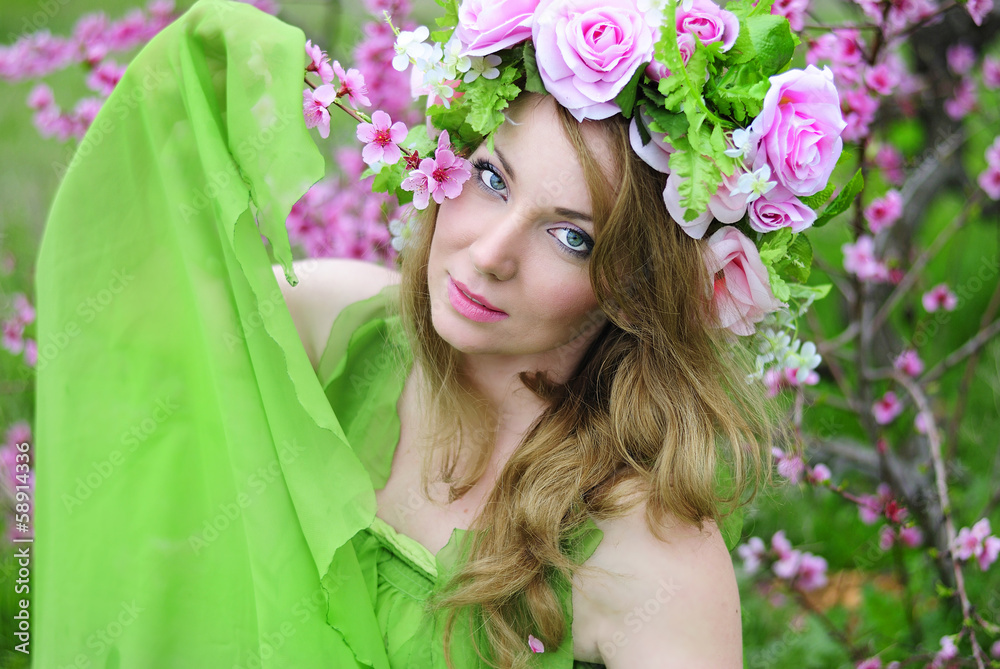 beautiful girl in the flowered garden peach beautiful girl in the flowered garden peach