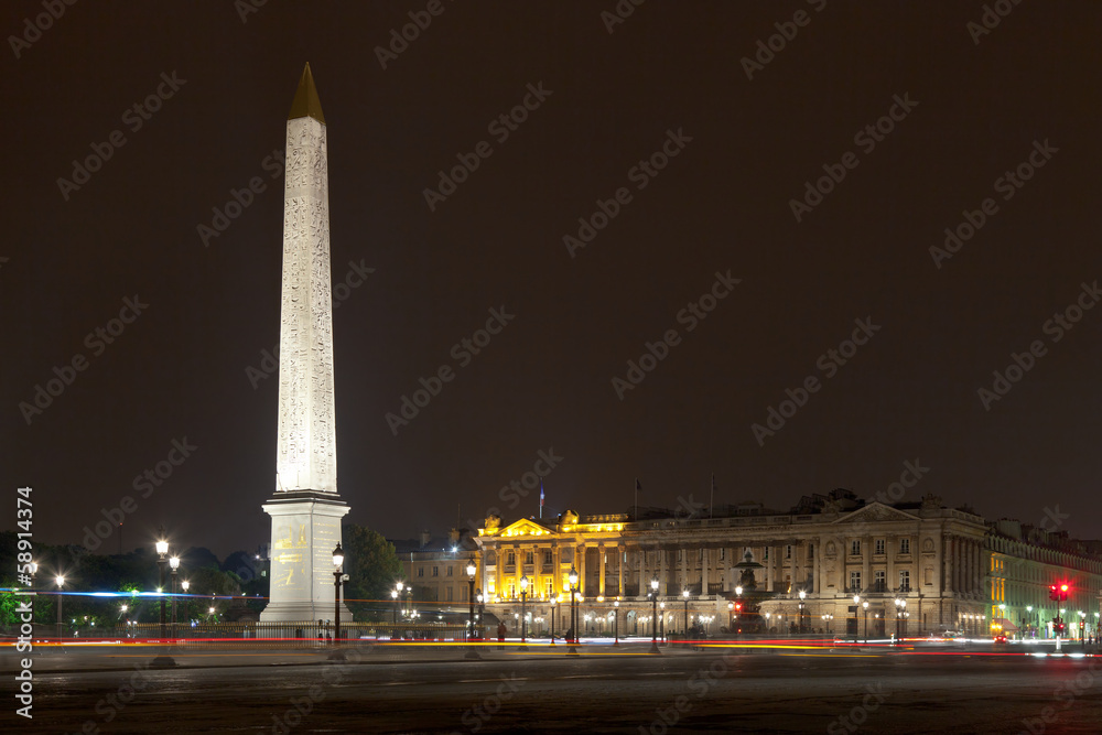 Obelisk and Place de la Concorde - Paris by night, France.