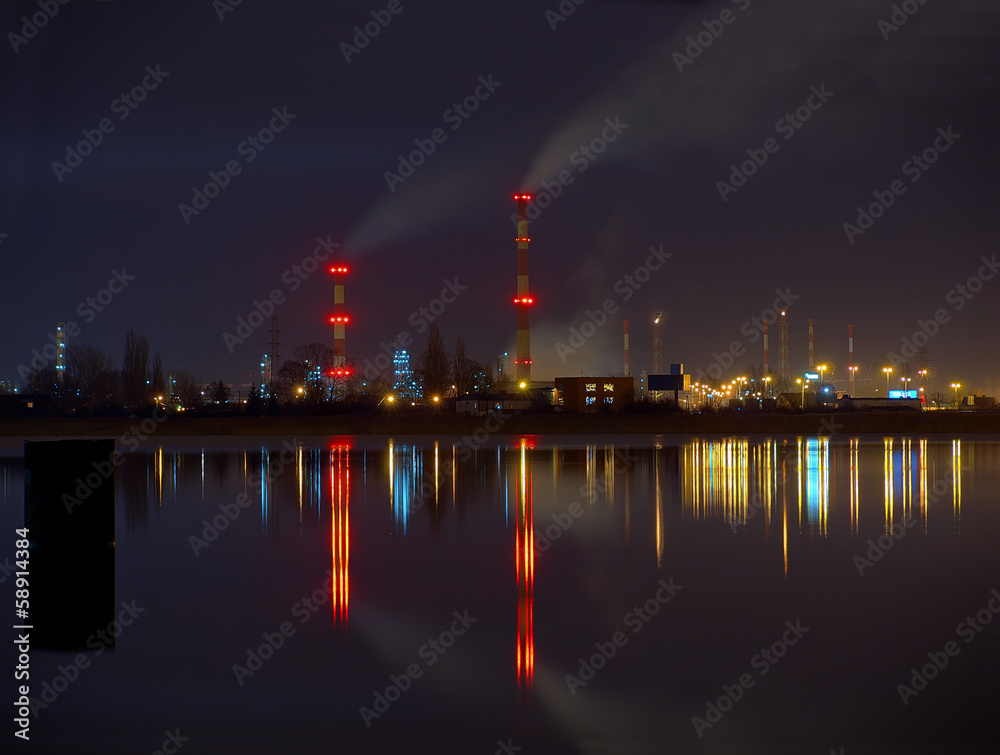 Refinery at night in Gdansk, Poland.