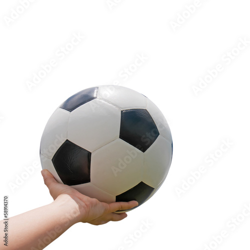 Classic soccer ball on hand with white background.