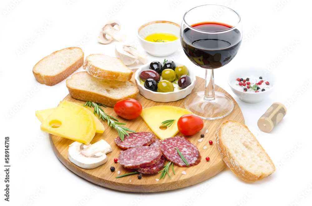 salami, cheese, bread, olives, tomatoes and glass of red wine salami, cheese, bread, olives, tomatoes and glass of red wine