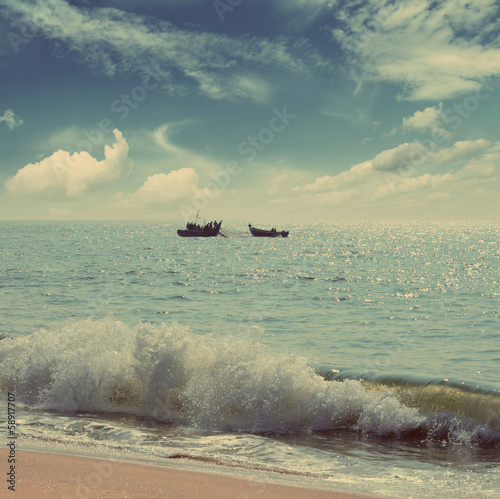 landscape with fisherman boats - vintage retro style