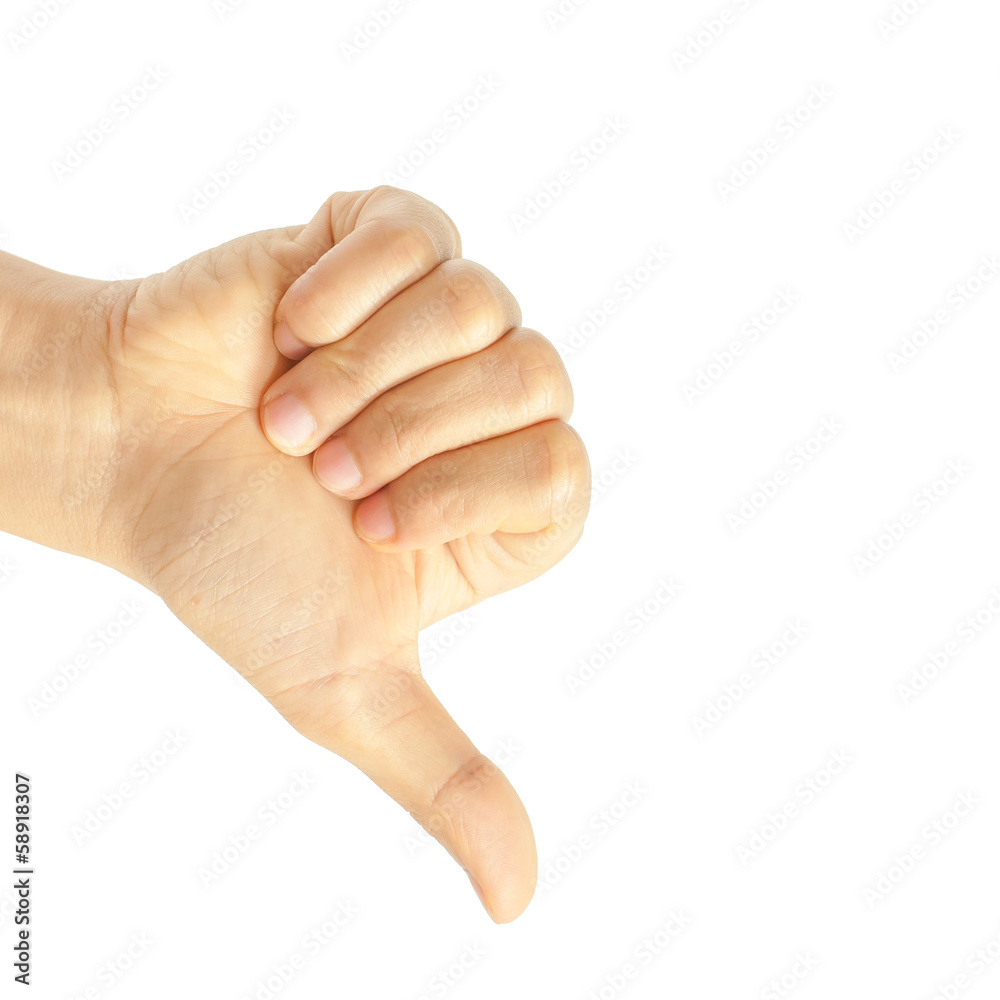 Hand thumb down isolated on white background. No sign by woman.
