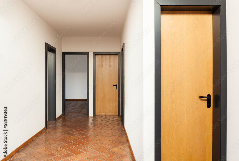 Obraz premium Architecture, interior house, corridor with many doors
