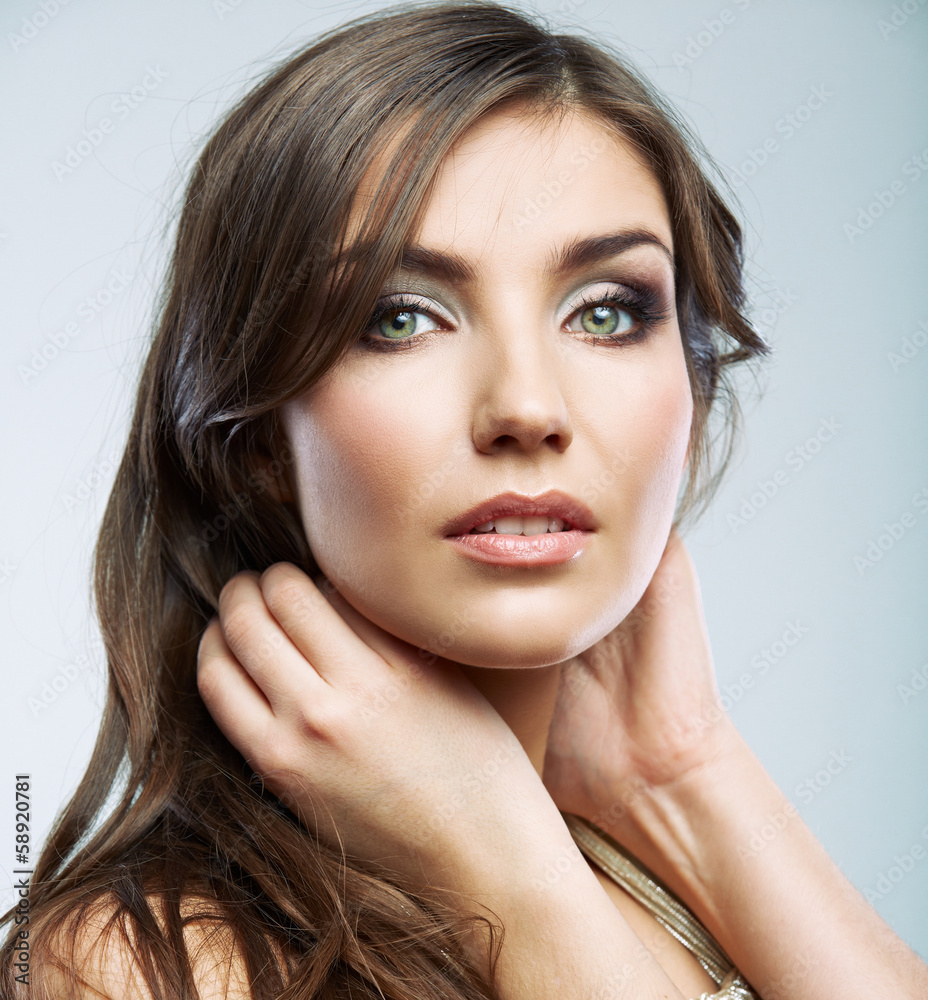 Woman face close up beauty portrait. Female model isolated. Woman face close up beauty portrait. Female model isolated.