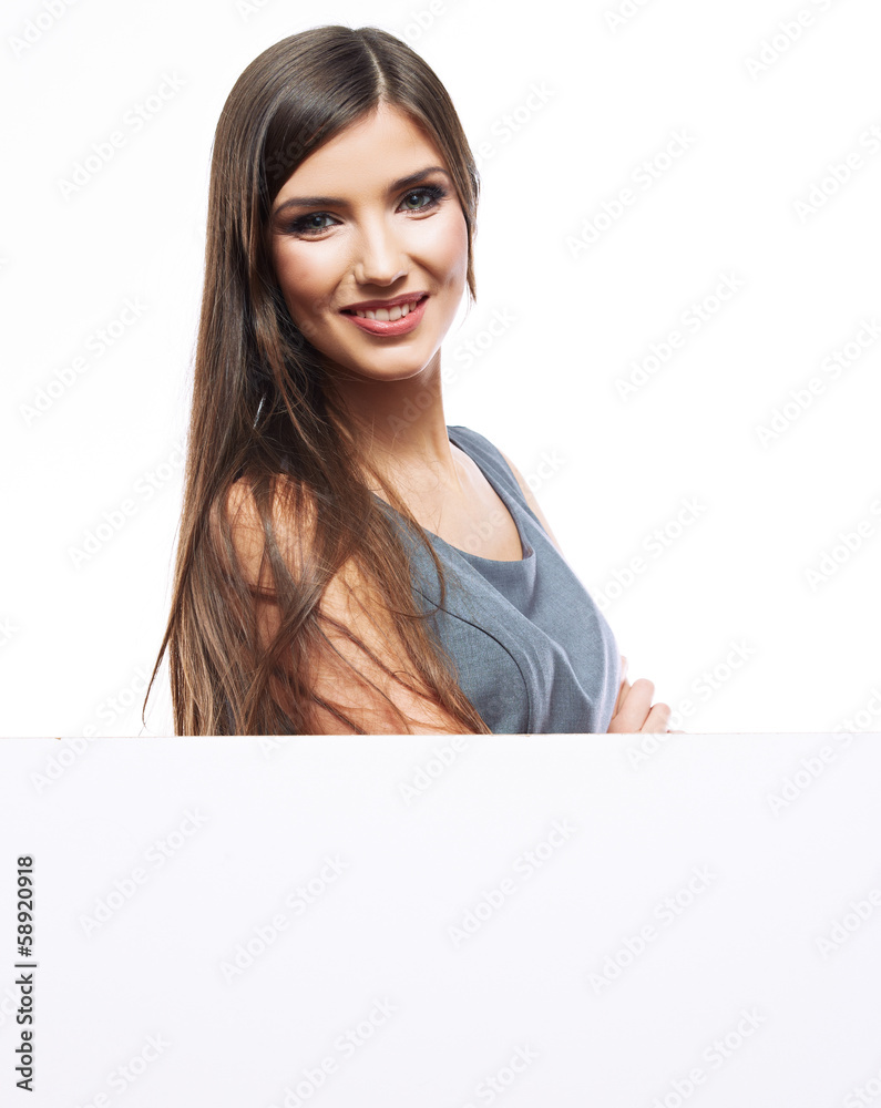Young smiling woman show blank board. Young smiling woman show blank board.