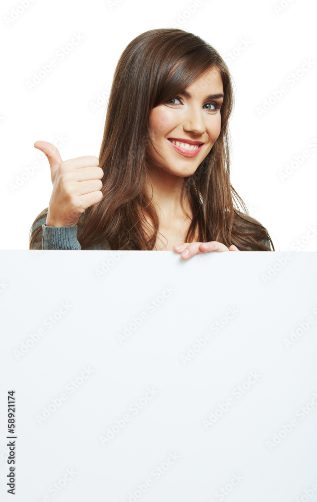 Teenager girl hold white blank paper.