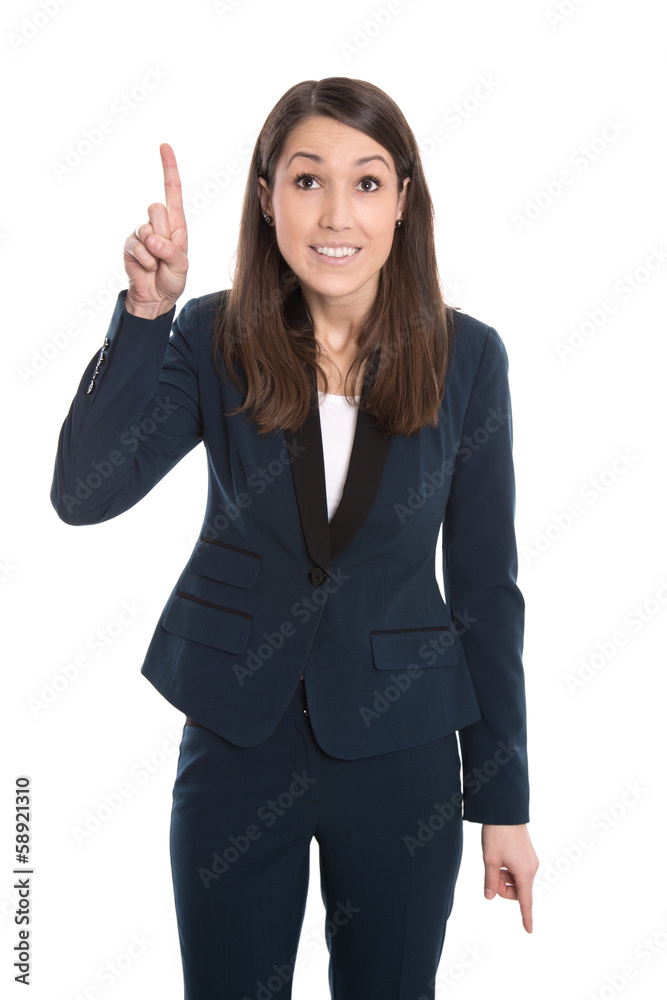 Junge Frau geschäftlich erhebt den Zeigefinger - Idee, isoliert Junge Frau geschäftlich erhebt den Zeigefinger - Idee, isoliert