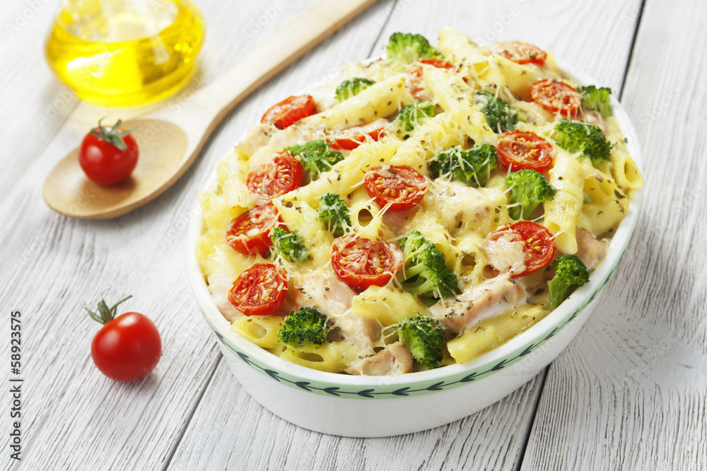 Casserole pasta with chicken and broccoli