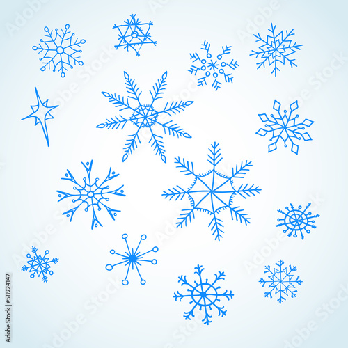 Set blue snowflakes doodle