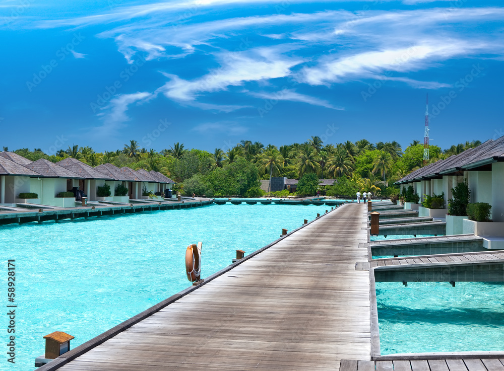 houses on piles on sea. Maldives.