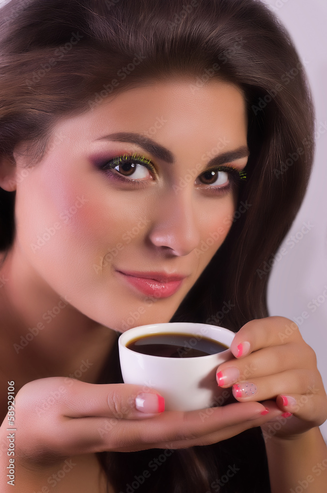 Beautiful woman with coffee cup. Fashion portrait Beautiful woman with coffee cup. Fashion portrait