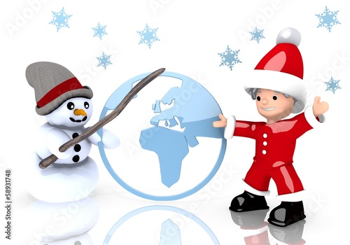 world sign presented by snowman and Santa claus