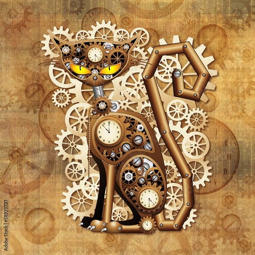 Fototapeta Naklejka Na Ścianę i Meble -  Steampunk Cat Vintage Style-Gatto Meccanico Surreale