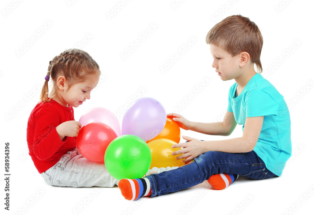 Little children with colorful balloons isolated on white Little children with colorful balloons isolated on white