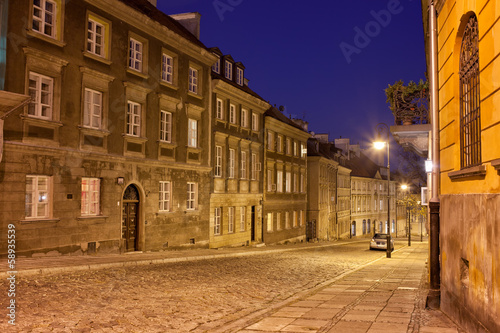 New Town Street and Houses at Night in Warsaw