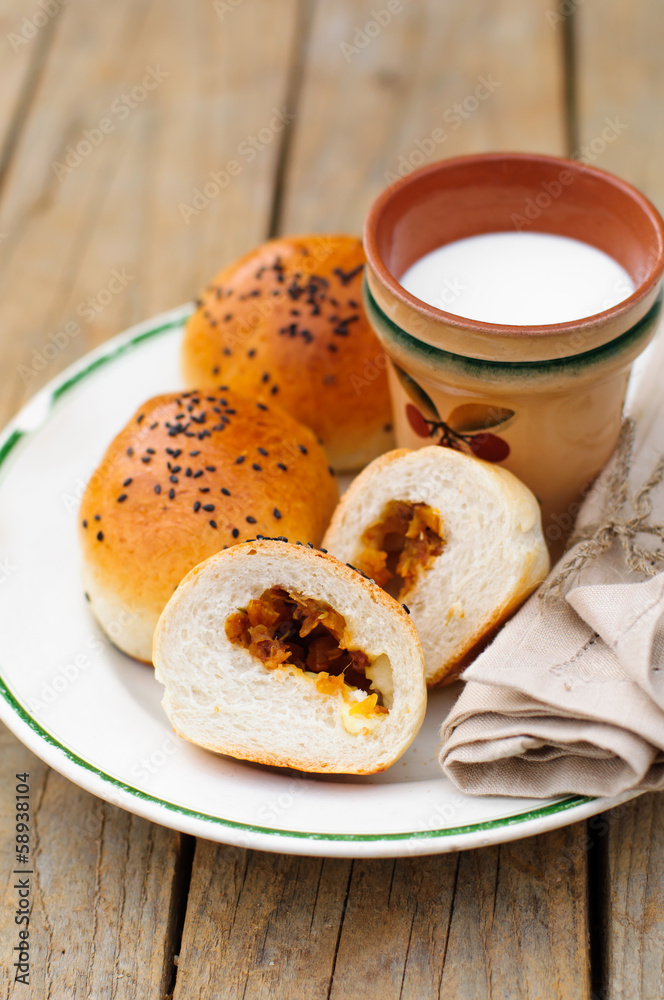 Bread Rolls Filled with Pumpkin and Feta with a Cup of Milk Bread Rolls Filled with Pumpkin and Feta with a Cup of Milk