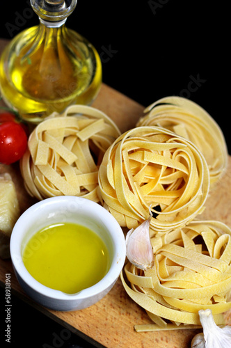 Traditional Italian food tagliatelle with ingredients